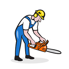 Image showing Lumberjack Arborist Operating Chainsaw Cartoon