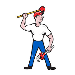 Image showing Plumber Wield Wrench Plunger Isolated Cartoon