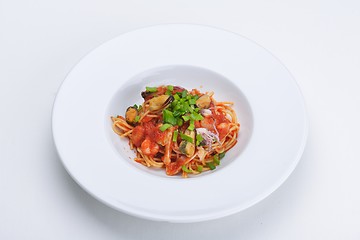 Image showing Pasta with shrimps, herbs and mashrooms