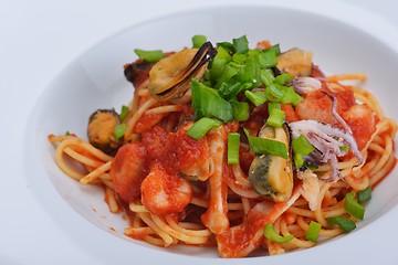 Image showing Pasta with shrimps, herbs and mashrooms