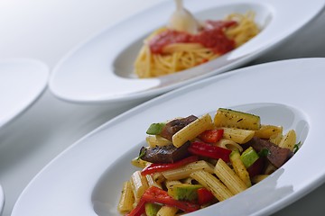 Image showing Pasta with shrimps, herbs and mashrooms