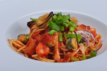 Image showing Pasta with shrimps, herbs and mashrooms