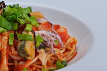 Image showing Pasta with shrimps, herbs and mashrooms