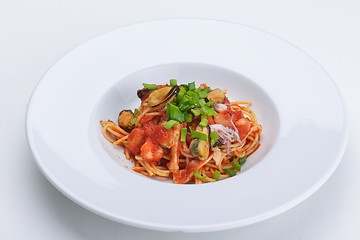 Image showing Pasta with shrimps, herbs and mashrooms