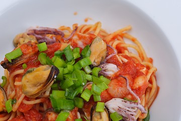 Image showing Pasta with shrimps, herbs and mashrooms