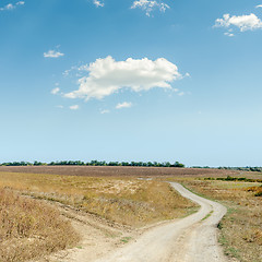 Image showing two rural roads in steppe and cloud in blue sky