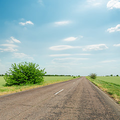 Image showing asphalt road in green fields and blue cloudy sky