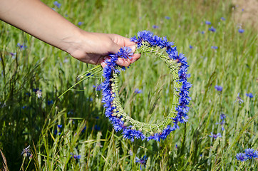 Image showing cornflower crown woman hands on meadow background