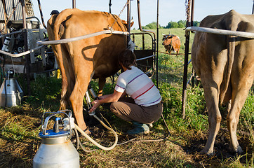 Image showing farmer using new technologies in milking cows 