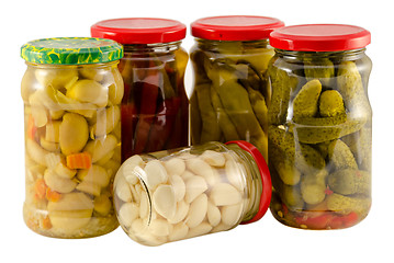 Image showing set jars of pickled vegetables for winter resource 