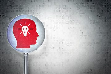 Image showing Data concept:  Head With Light Bulb with optical glass on digital background