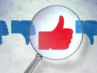 Image showing Social media concept: Thumb Up, Down with optical glass on digital background