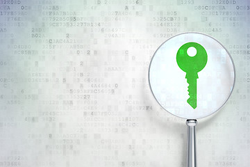 Image showing Safety concept:  Key with optical glass on digital background