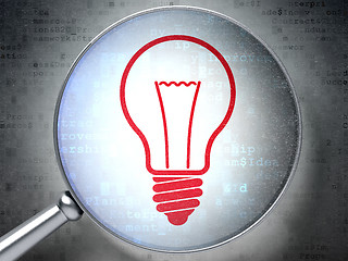 Image showing Finance concept: Light Bulb with optical glass on digital background