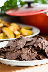 Image showing Cooked beef slices on plate