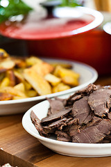 Image showing Cooked beef slices on plate