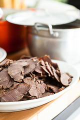 Image showing Cooked beef slices on plate