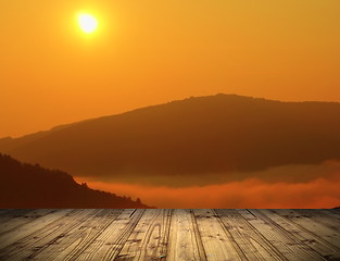 Image showing sunrise view from wooden terrace