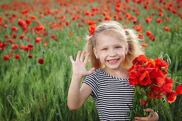 Image showing Little girl on the poppy meadow