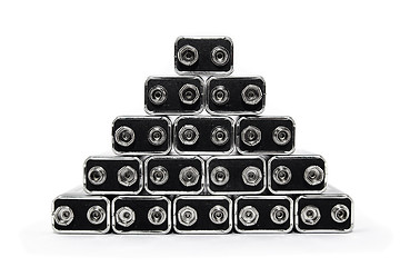 Image showing Nine volt batteries forming a pyramid