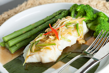 Image showing Thai Sea Bass with Asparagus