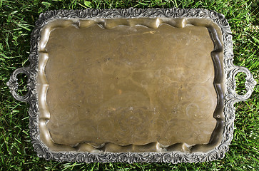 Image showing Old vintage metal tray platter with ornament