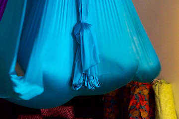 Image showing person suspended in aerial yoga hammock