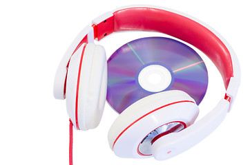 Image showing Audio compact disc and red white headphones