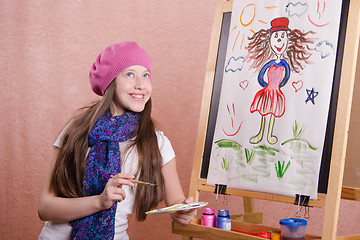 Image showing Painter girl thought about his work