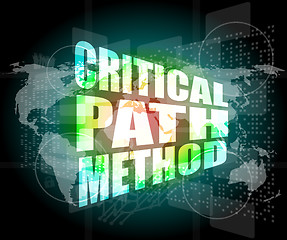 Image showing critical path method words on digital screen with world map