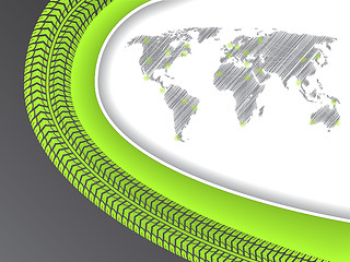 Image showing Business brochure with world map in green with tire tread