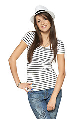 Image showing Woman in stripped t-shirt and white straw hat