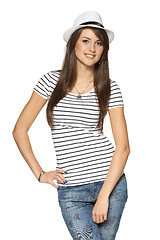 Image showing Woman in stripped t-shirt and white straw hat