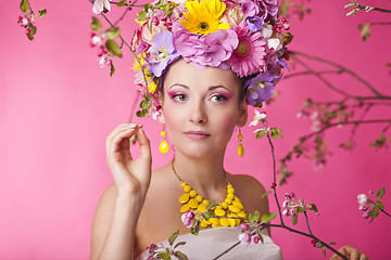 Image showing Flower hat spring fashion sexy female in dress