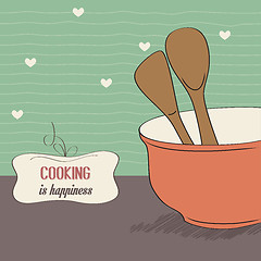 Image showing background with kitchen cooking wooden utensils storage pot