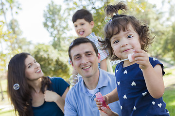 Image showing Cute Young Baby Girl Blowing Bubbles with Family in Park