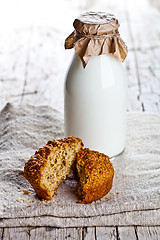 Image showing bottle of milk and fresh baked bread 