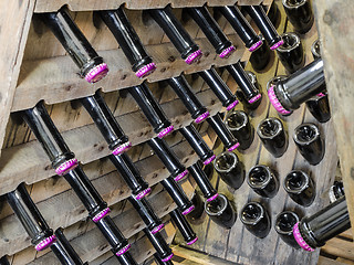 Image showing Wood rack stand with bottles of white dry sparkling wine