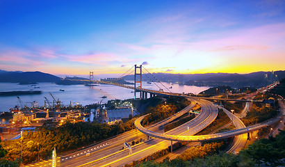 Image showing Sunset at Tsing Ma Bridge 