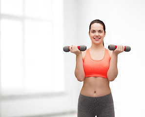 Image showing young sporty woman with light dumbbells