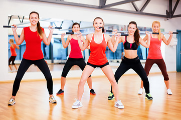 Image showing group of smiling people working out with barbells