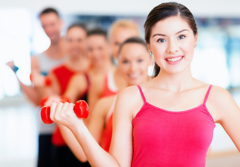 Image showing group of smiling people with dumbbells in the gym