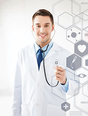 Image showing doctor with stethoscope and virtual screen