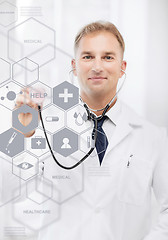 Image showing doctor with stethoscope and virtual screen