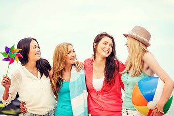 Image showing girls with ball on the beach