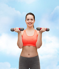 Image showing young sporty woman with light dumbbells