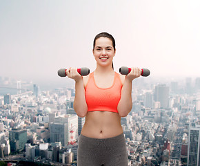 Image showing young sporty woman with light dumbbells