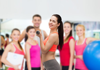 Image showing young sporty woman with light dumbbells