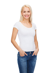 Image showing smiling woman in blank white t-shirt