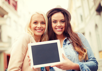 Image showing beautiful girls with blank tablet pc screen